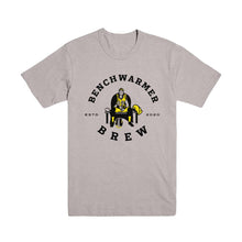 Load image into Gallery viewer, Grey, black, and yellow short sleeved t-shirt Benchwarmer Brew ESTD 2020