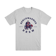 Load image into Gallery viewer, Grey and red short sleeved t-shirt Benchwarmer Brew ESTD 2020