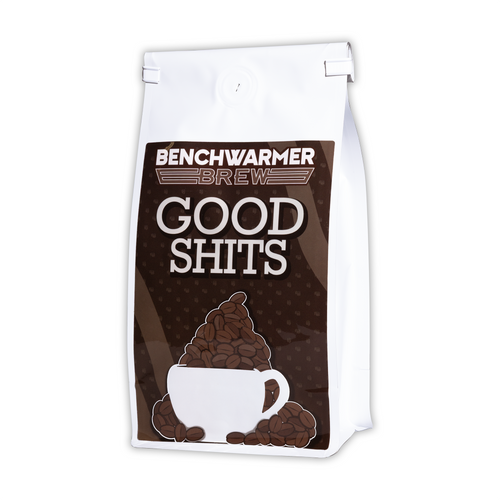 Coffee bag with 'Benchwarmer Brew Good Shits' text and coffee bean graphic on a white background