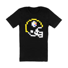 Load image into Gallery viewer, white and Yellow 8-Bit football helmet on a black shirt
