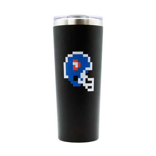 Blue and white 8-bit football helmet Benchwarmer brew logo on a black tumbler