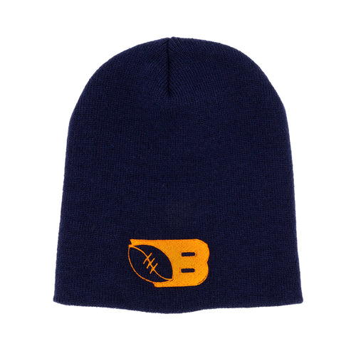 Blue beanie with orange Benchwarmer brew embroidered logo