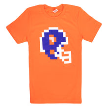 Load image into Gallery viewer, white and blue 8-Bit football helmet on an orange shirt
