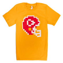 Load image into Gallery viewer, white and red 8-Bit football helmet on a yellow shirt
