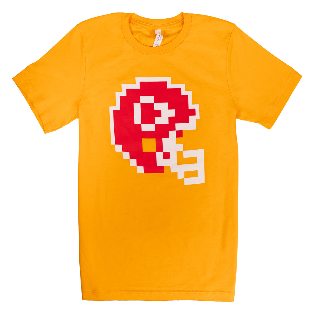 white and red 8-Bit football helmet on a yellow shirt